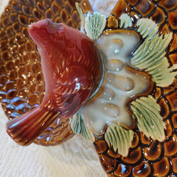 Vintage Dual Ceramic Pinecone Party Serving Nut & Candy Dish With Cardinal Bird - Picture 4 of 10